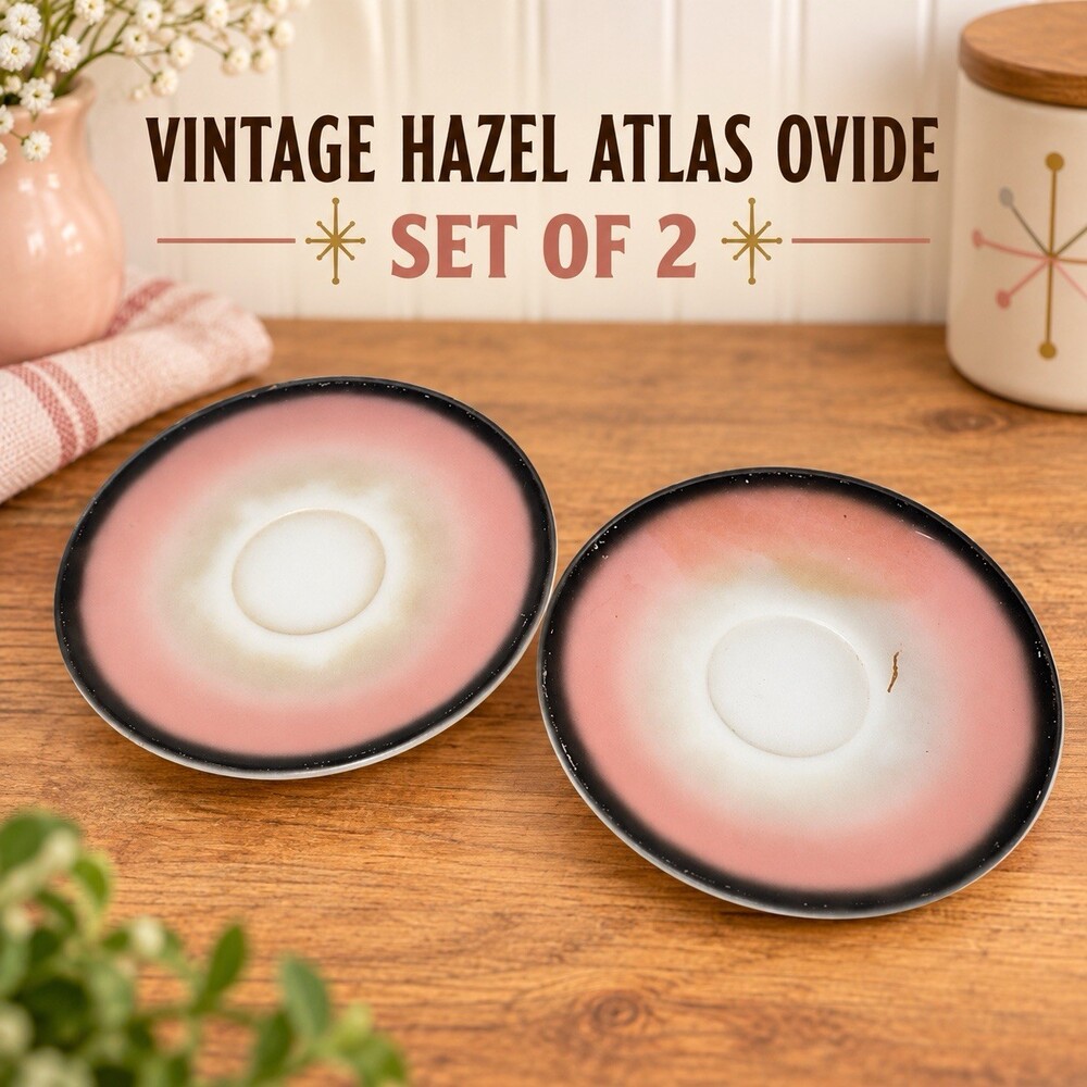 Vintage Hazel Atlas Ovide Pink Black Milk Glass Saucers Set of 2 MCM 6in